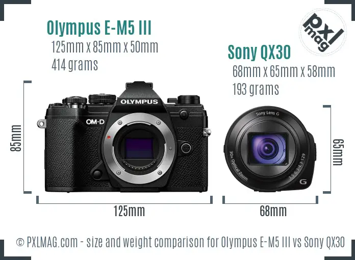 Olympus E-M5 III vs Sony QX30 size comparison