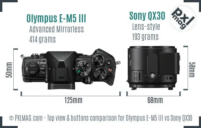 Olympus E-M5 III vs Sony QX30 top view buttons comparison