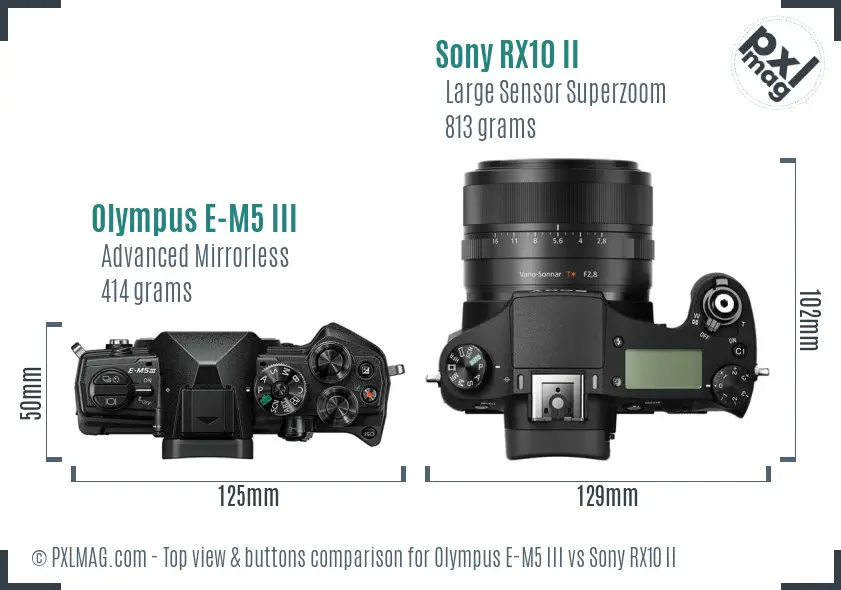 Olympus E-M5 III vs Sony RX10 II top view buttons comparison