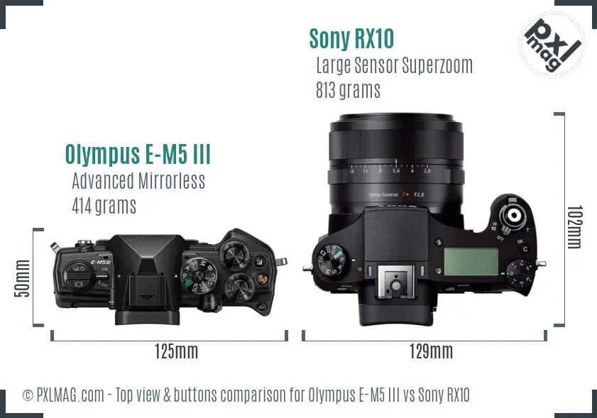 Olympus E-M5 III vs Sony RX10 top view buttons comparison