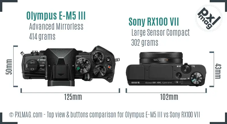 Olympus E-M5 III vs Sony RX100 VII top view buttons comparison