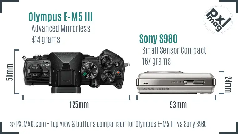Olympus E-M5 III vs Sony S980 top view buttons comparison Olympus E-M5 III vs Sony S980 top view buttons comparison