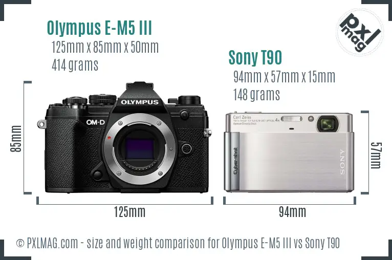 Olympus E-M5 III vs Sony T90 size comparison