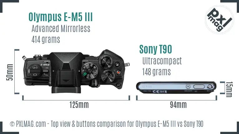 Olympus E-M5 III vs Sony T90 top view buttons comparison