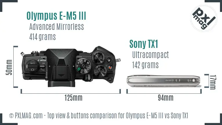 Olympus E-M5 III vs Sony TX1 top view buttons comparison