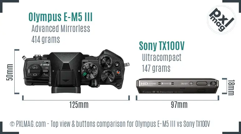 Olympus E-M5 III vs Sony TX100V top view buttons comparison Olympus E-M5 III vs Sony TX100V top view buttons comparison