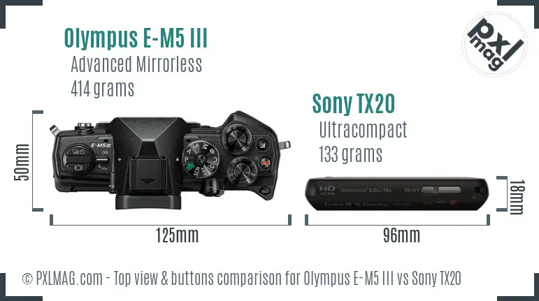 Olympus E-M5 III vs Sony TX20 top view buttons comparison