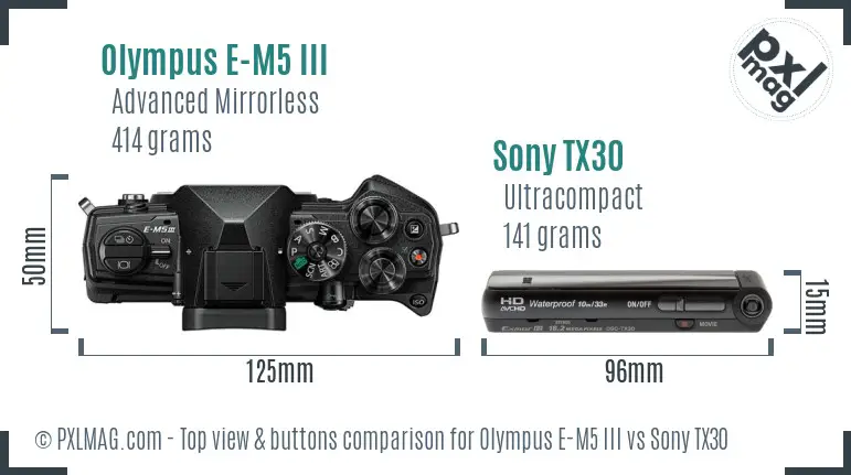 Olympus E-M5 III vs Sony TX30 top view buttons comparison Olympus E-M5 III vs Sony TX30 top view buttons comparison