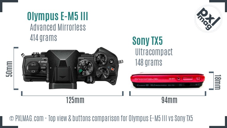 Olympus E-M5 III vs Sony TX5 top view buttons comparison