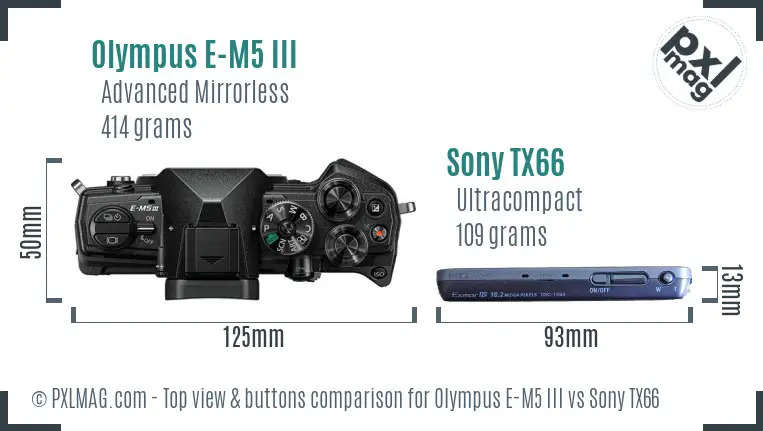 Olympus E-M5 III vs Sony TX66 top view buttons comparison