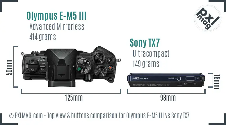 Olympus E-M5 III vs Sony TX7 top view buttons comparison
