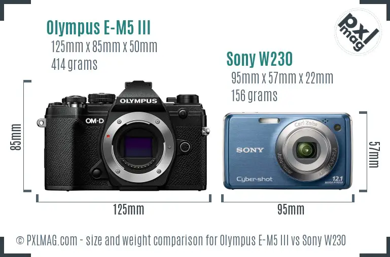 Olympus E-M5 III vs Sony W230 size comparison