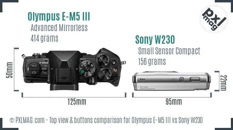 Olympus E-M5 III vs Sony W230 top view buttons comparison