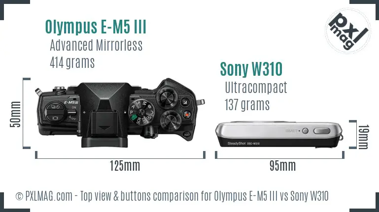 Olympus E-M5 III vs Sony W310 top view buttons comparison Olympus E-M5 III vs Sony W310 top view buttons comparison