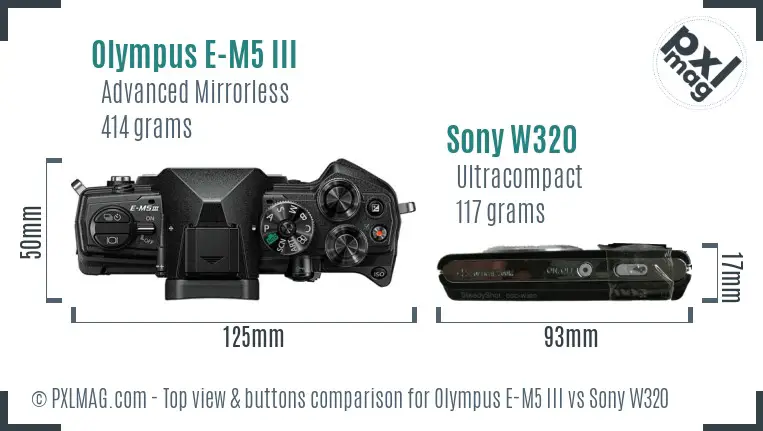 Olympus E-M5 III vs Sony W320 top view buttons comparison Olympus E-M5 III vs Sony W320 top view buttons comparison