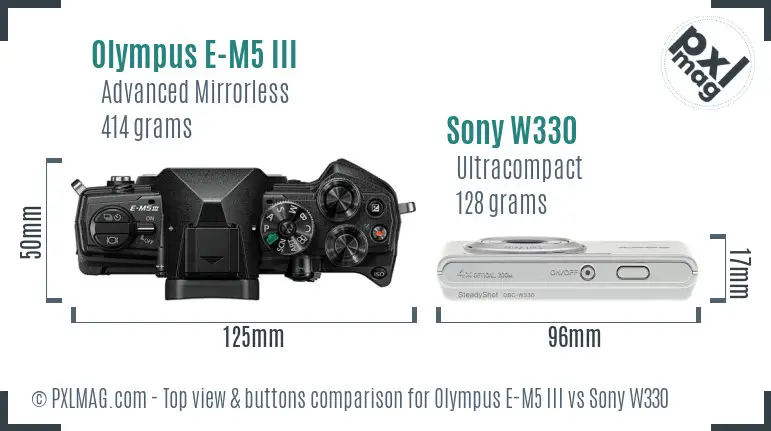 Olympus E-M5 III vs Sony W330 top view buttons comparison