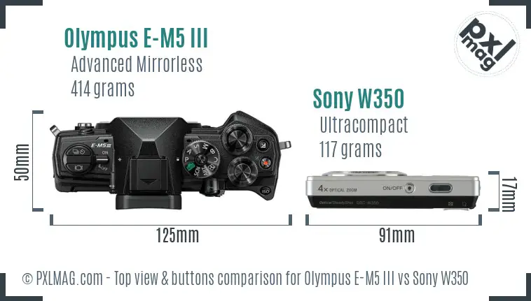 Olympus E-M5 III vs Sony W350 top view buttons comparison Olympus E-M5 III vs Sony W350 top view buttons comparison