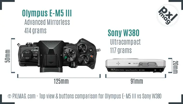 Olympus E-M5 III vs Sony W380 top view buttons comparison Olympus E-M5 III vs Sony W380 top view buttons comparison