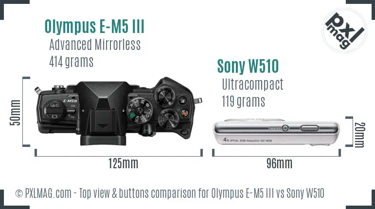 Olympus E-M5 III vs Sony W510 top view buttons comparison