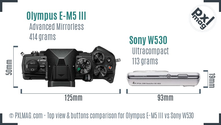 Olympus E-M5 III vs Sony W530 top view buttons comparison