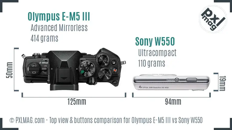 Olympus E-M5 III vs Sony W550 top view buttons comparison
