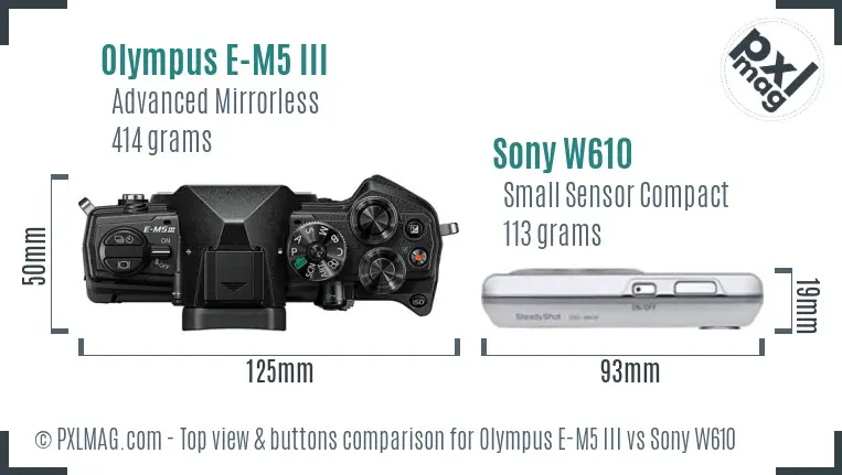 Olympus E-M5 III vs Sony W610 top view buttons comparison
