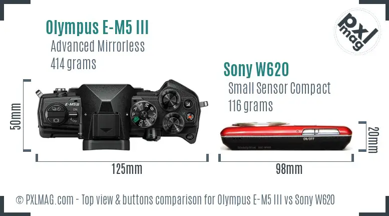 Olympus E-M5 III vs Sony W620 top view buttons comparison