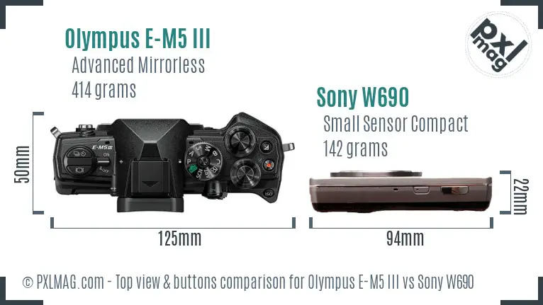 Olympus E-M5 III vs Sony W690 top view buttons comparison