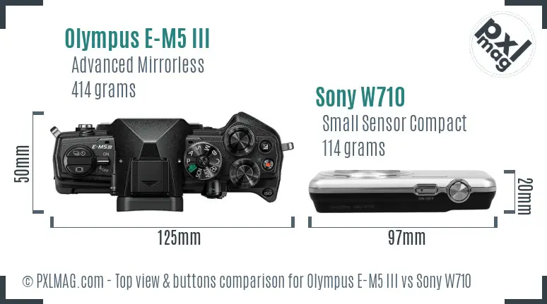 Olympus E-M5 III vs Sony W710 top view buttons comparison