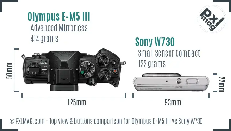Olympus E-M5 III vs Sony W730 top view buttons comparison