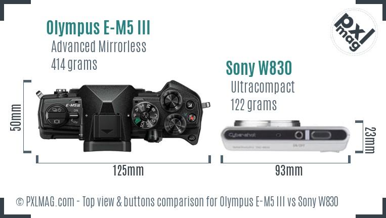 Olympus E-M5 III vs Sony W830 top view buttons comparison