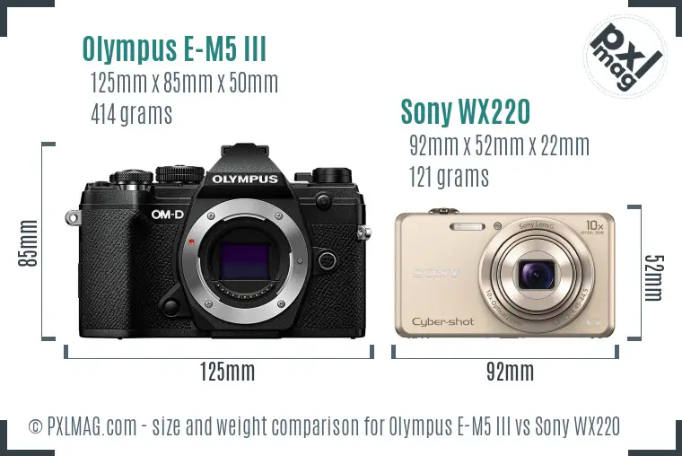 Olympus E-M5 III vs Sony WX220 size comparison