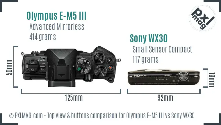 Olympus E-M5 III vs Sony WX30 top view buttons comparison Olympus E-M5 III vs Sony WX30 top view buttons comparison