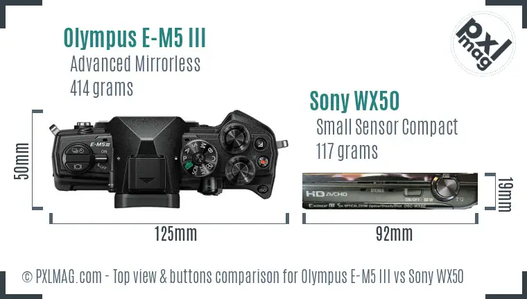 Olympus E-M5 III vs Sony WX50 top view buttons comparison