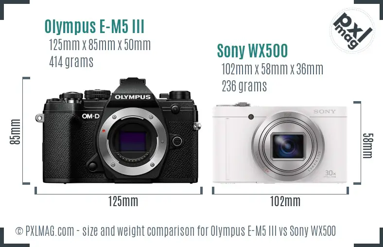 Olympus E-M5 III vs Sony WX500 size comparison