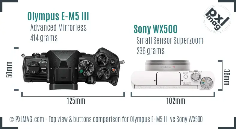 Olympus E-M5 III vs Sony WX500 top view buttons comparison