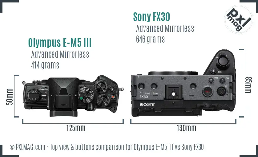 Olympus E-M5 III vs Sony FX30 top view buttons comparison Olympus E-M5 III vs Sony FX30 top view buttons comparison