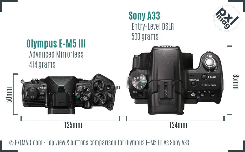 Olympus E-M5 III vs Sony A33 top view buttons comparison