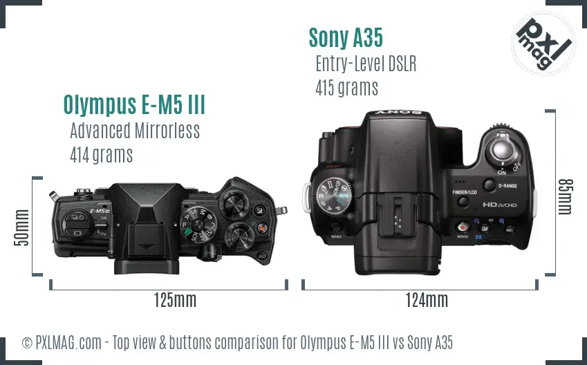 Olympus E-M5 III vs Sony A35 top view buttons comparison