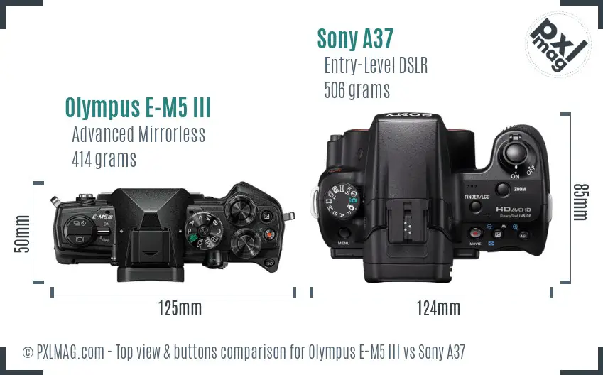 Olympus E-M5 III vs Sony A37 top view buttons comparison