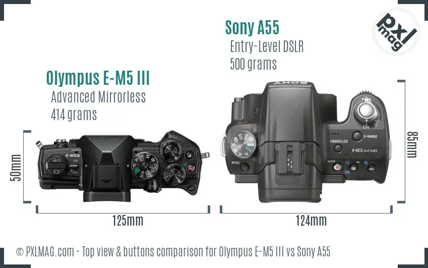 Olympus E-M5 III vs Sony A55 top view buttons comparison Olympus E-M5 III vs Sony A55 top view buttons comparison