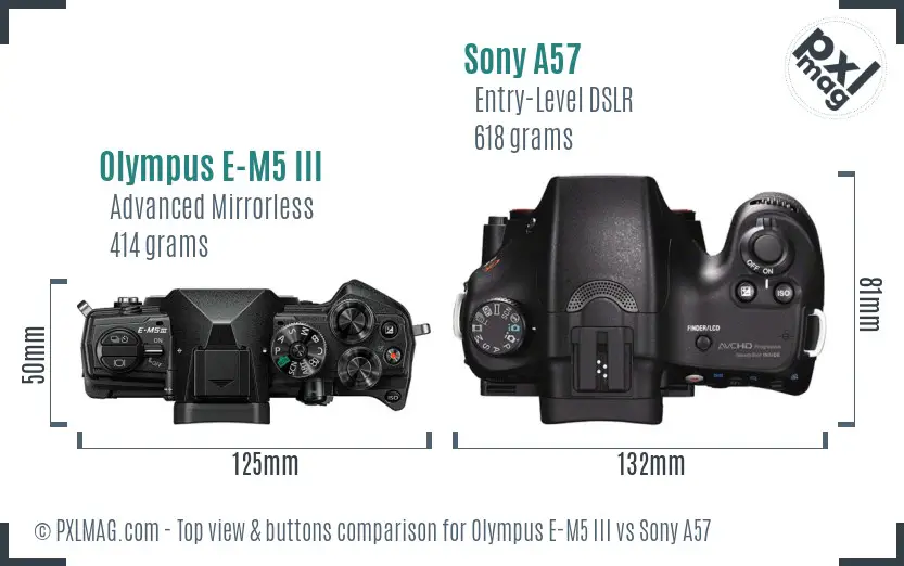 Olympus E-M5 III vs Sony A57 top view buttons comparison
