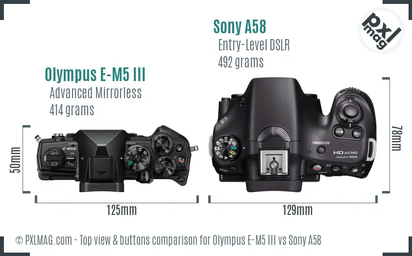 Olympus E-M5 III vs Sony A58 top view buttons comparison