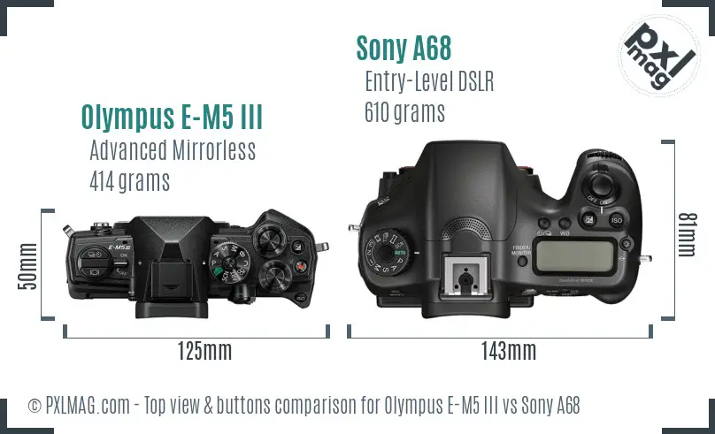 Olympus E-M5 III vs Sony A68 top view buttons comparison