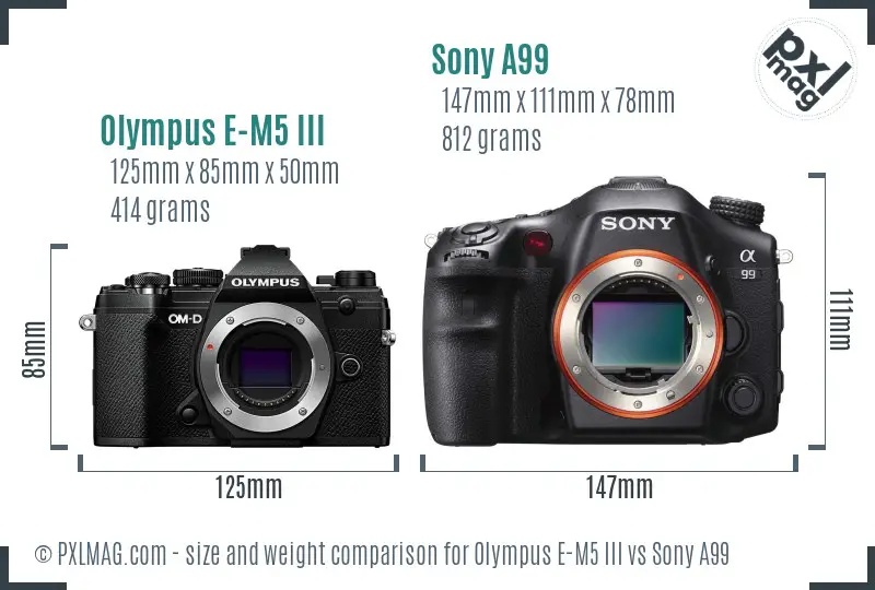 Olympus E-M5 III vs Sony A99 size comparison