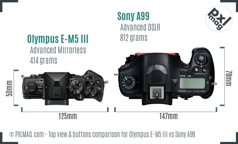 Olympus E-M5 III vs Sony A99 top view buttons comparison