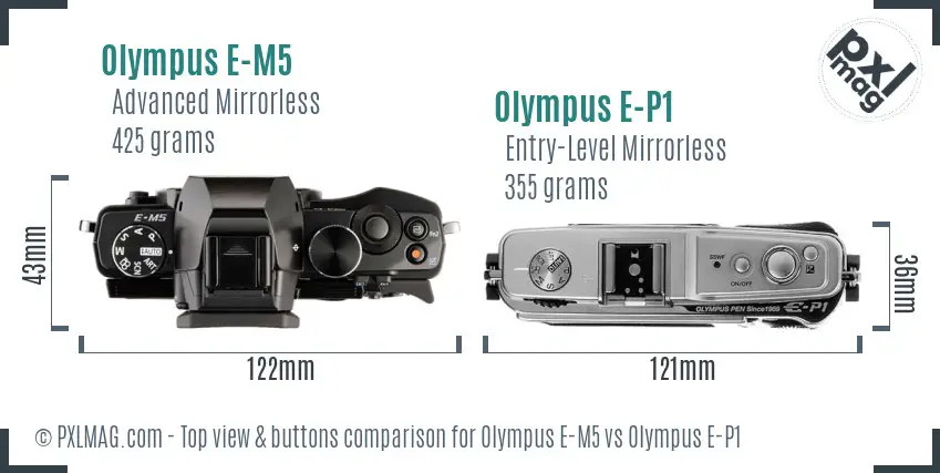 Olympus E-M5 vs Olympus E-P1 top view buttons comparison