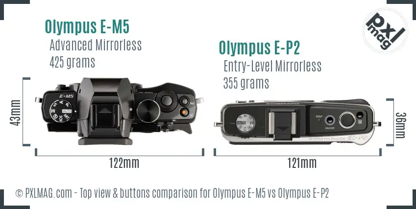 Olympus E-M5 vs Olympus E-P2 top view buttons comparison