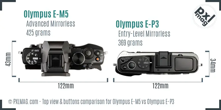 Olympus E-M5 vs Olympus E-P3 top view buttons comparison