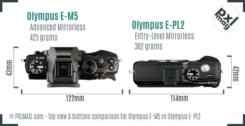 Olympus E-M5 vs Olympus E-PL2 top view buttons comparison